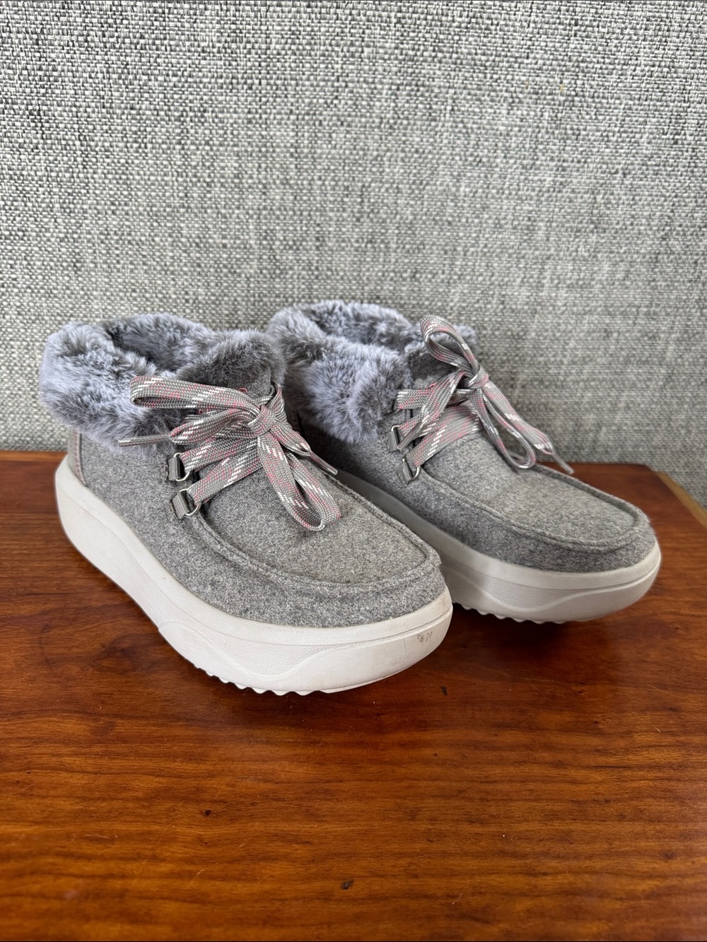 Bobs from Skechers Grey Faux Fur Trim Lace Up Booties Size 5